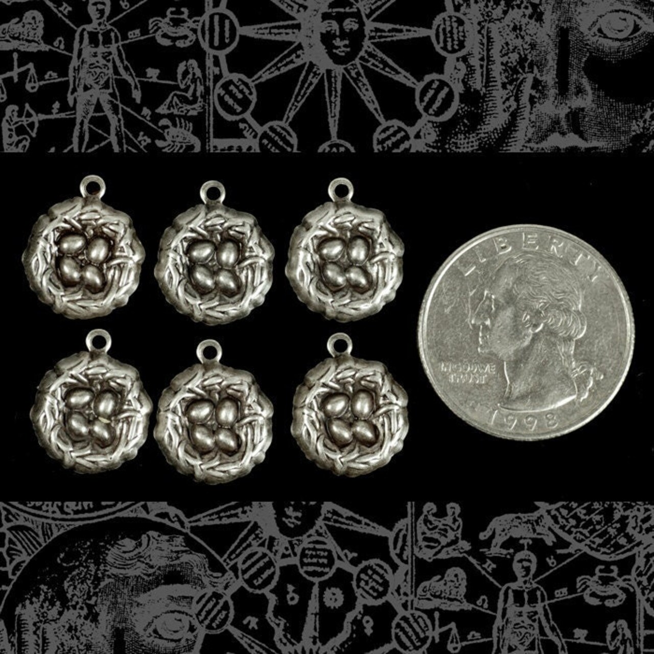 Antiqued Silver Plated Brass Bird's Nest Charms - Set of Six - XXX - S-C50